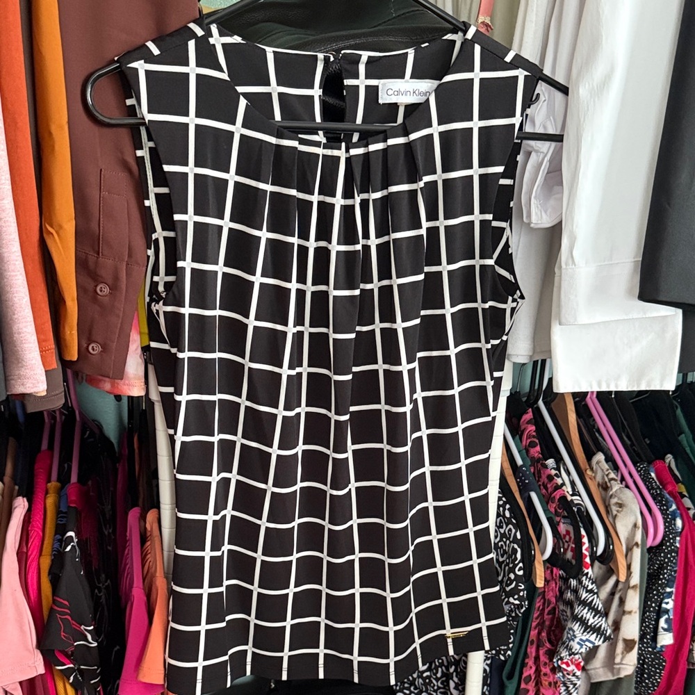 Calvin Klein Black and White Checkered Sleeveless Blouse